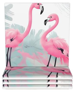 Ceramic Coasters Set of 4 Drink Coasters with Metal Holder Love Flamingo Ceramic Coaster for Drink Tabletop Protection Cup Mat for Bar Decorate Cup pad for Coffee Table Kitchen Dining Room