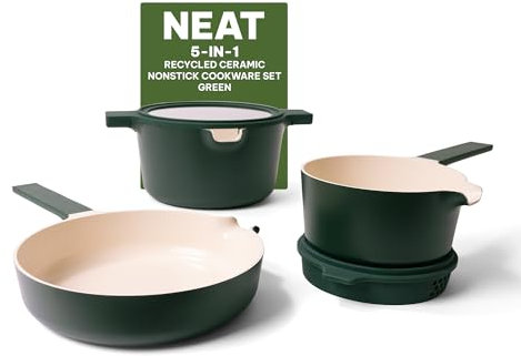 Alva Neat Nested Nonstick Ceramic Cookware Set 5-Piece Set Green - Easy to Clean, Oven Safe and Made without PFAS, PFOA & PTFE - Induction and All Stovetop Compatible with Even Heat Distribution