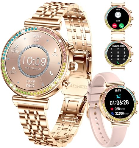 TAYSHILEY Fitness Smartwatch für Damen, 1,25 Zoll HD Display, Bluetooth Anrufe, wasserdichte Sport Damen Smartwatch, Pulsuhr, Schrittzähler - Kompatibel mit Android & iOS (Full Gold RTi110)