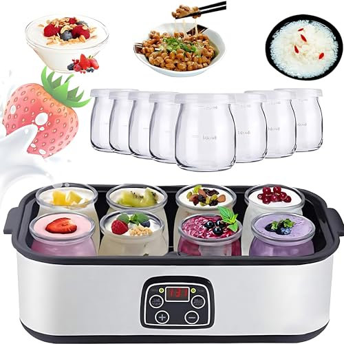 Ultimate Yogurtiera, Macchina Automatica per Yogurt da 1400 ml, con 8 barattoli di Vetro con Serbatoio Indipendente, Yogurt Biologico Elettrico Multifunzione, Macchina per frappè, Marmellata, Gelato