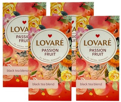 Lov-are Passion Fruit 48G Black Tea With Fruit Flower Petals Peach And Passion Fruit Tea Bags Individually Wrapped Gift Box Sets for Tea Lovers 24 Tea Bags of 2G Product of Ukraine Pack Of 4
