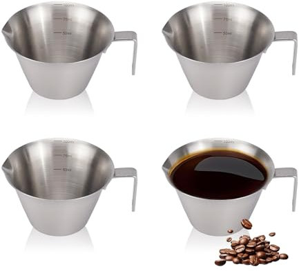 RETON 4 bicchieri da caffè espresso in acciaio inox, 100 ml, con manico, in metallo, con doppia scala, mini bicchieri per latte per la misurazione del caffè barista (3,4 oz)