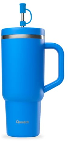 QWETCH - Travel Cup 900ml avec Paille & Anse - 48h Glacé / 12h Froid - Gourde Isotherme Inox Recyclé - Mug avec Bouchon à Vis Anti-Éclaboussures - Tasse Thermo - Bleu Azur