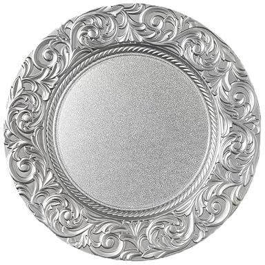 100 Pezzi Piatti Sottopiatto Antichi in Plastica, 33 cm Rotondo con Bordi in Rilievo, Piatti Decorativi per Matrimoni, Feste, RicevimentiSilver,One Size