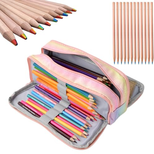 Joyan Federmäppchen Federtaschen Teenager Mädchen Mäppchen Etui Stifte 3 Fach, Große Kapazität Pencil Case, Niedlich Federmäppchen für Kinder, Federtasche für Schule & Büro (Buntes+10 Bleistifte)