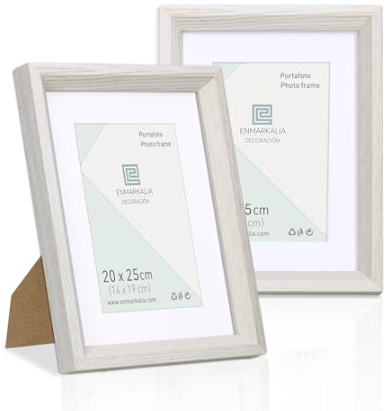 set de 2 Portafotos 20x25 cm SIN paspartu y 15x20 cm CON paspartu, color Blanco, paspartu, cristal y soporte pie, colgador horizontal y vertical para colgar en pared (Blanco X2 Uds., 20 x 25 cm)