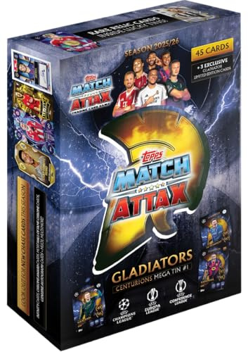 Topps UCC Match Attax 2025/26 – Mega Tin – Centurions – Contient 45 cartes Match Attax plus 3 cartes Gladiators LE exclusives.
