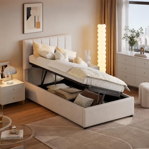 JiaOyu Kinderbett Polsterbett 90x200 cm, Einzelbett Jugendbett Boxspringbett mit Stauraum und Verstellbares Kopfteil, hydraulisches Stauraumbett Bettgestell mit Lattenrost, ohne Matratze (Beige-A)