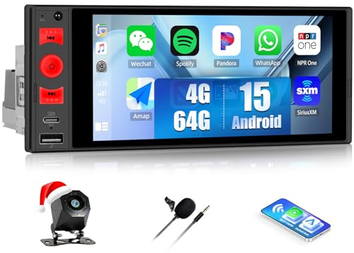 CAMECHO [4+64G] Android 15 Wireless 1 DIN Carplay Autoradio, Navigazione Wireless Carplay Android Auto, Bluetooth 6'' Touchscreen Incell Stereo con Mirror Link WiFi FM/RDS+Telecamera posteriore