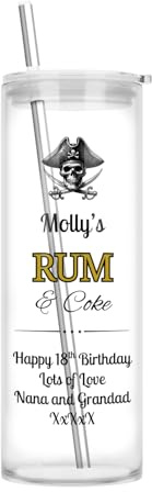 Personalised Tall Glass Tumbler, 750ml Clear Highball Glass with Lid and Metal Straw, Rum and Coke Design - Dishwasher Safe (Rum)