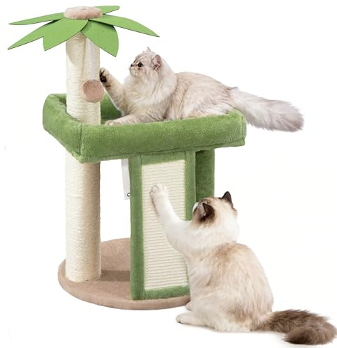 Fobyfurny Kratzbaum, 70 cm Kleiner Kratzbaum für Katzen, Mehrstöckiger Katzenturm mit 1 Sisal-Kratzbrett, 2 Sisal-Kratzstangen, Weicher Gemütlicher Ruheplattform, Pompon, Grün und Braun FPMS008FK1
