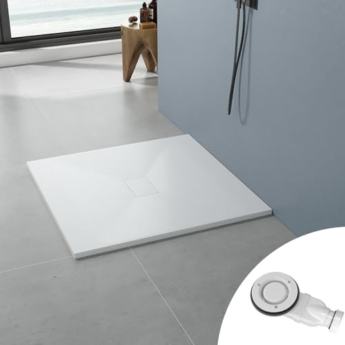 AQUABATOS SMC Duschwanne 100x100 cm 32 mm Weiß Rund Halbrund Viertelkreis Duschtasse Rutschfest für Runddusche Duschkabine Dusche Steinoptik Schieferoptik Superflach mit Siphon/Ablaufgarnitur