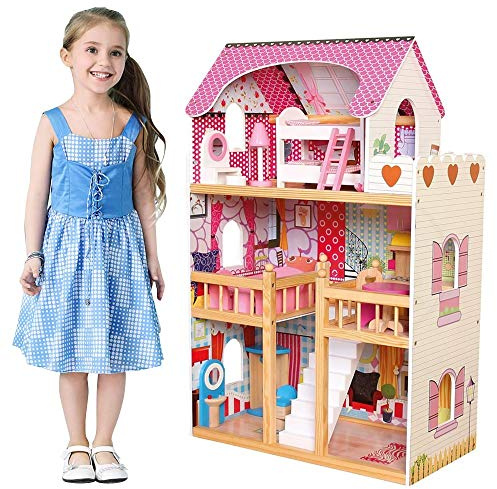 BAKAJI Casa delle Bambole Giocattolo per Bambini Realizzata Interamente in Legno 3 Piani 5 Stanze Curata in Ogni Dettaglio con Mobili e Accessori Gioco Dimensione 60 x 30 x H90 cm