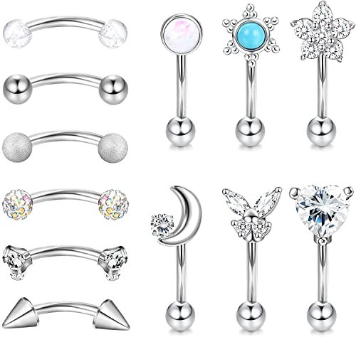 LOLIAS 12 Stück 16G Rook Daith Ohrringe Curved Barbell Edelstahl für Damen Tragus Piercing Augenbrauen Bauchring Body Piercing Barbell Banane Piercing Schmuck Set 6-8mm