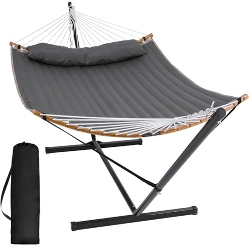 SUNCREAT Portable Hammock with Stand Included, Double Hammock with Curved Spreader Bar, Dark Gray