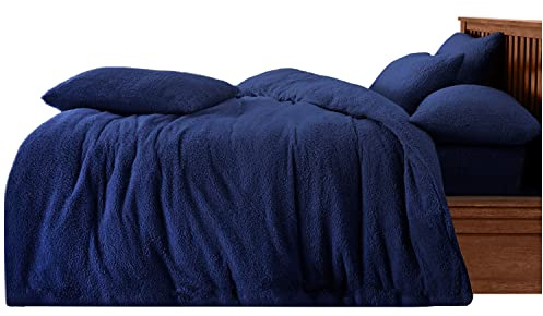 GC GAVENO CAVAILIA Teddy Fleece Duvet Cover Set Double Luxury Super Soft Cuddly Bedding with Matching Pillowcases | Warm & Cosy Fluffy Quilt Cover Bed Set for Winter Comfort - Navy Blue