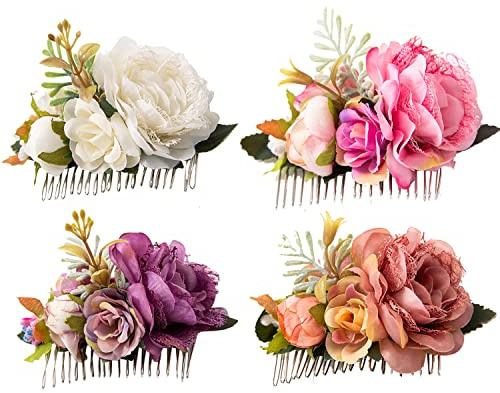 Cinaci 4 Pack Metal Hair Side Combs Slides with Artificial Rose Floral Wedding Bridal Clips Headpieces Hairpins Barretes Bun Chignon Hair Accessories for Women Flower Girls Brides Bridesmaids