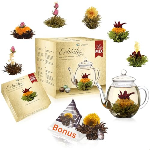 Creano Coffret cadeau fleur de thé - avec pot en verre de 500 ml & 6x thé blanc, noir, vert + boule bonus de thé noir en portion de tasse - 8 pièces