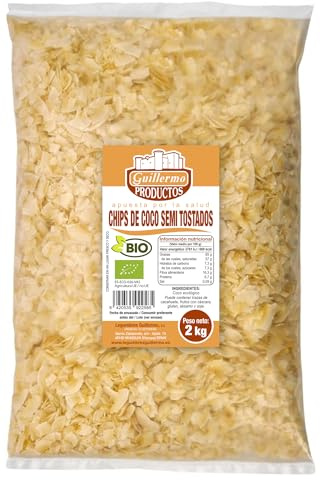 Guillermo | Chips de coco semi tostados BIO - Bolsa 2kg. | 100% ecológico | Refuerza el sistema inmunitario debido a su aporte de minerales | Regula los triglicéridos y colesterol