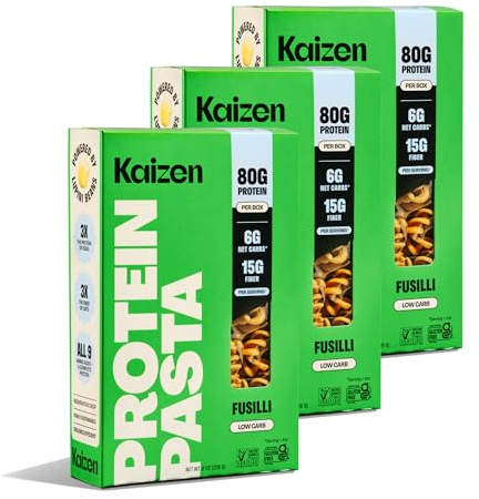 Kaizen Pasta Fusilli baja en carbohidratos, sin gluten, alta proteína, apta para keto, a base de plantas, hecha con harina de lupa de alta fibra, 8 onzas (paquete de 3)