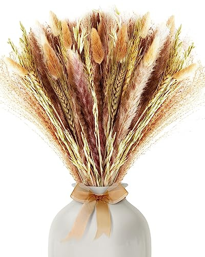 Natürliches Pampasgras 60 Stück getrocknet, Inklusive Spitzenband, 45cm Schilfgrasstrauß, 5 Komponenten, Dekoration Hochzeitsblumen, Wohnzimmer, Tischdeko, Wohndeko-Boho