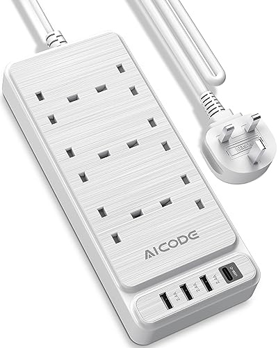 AICODE 6 Way Extension Lead with 4 USB Slots(1 USB-C),6 Plug Extension Socket with 2M Extension Cable,Power Strip Wall Mount 2 Metres Cord for Home,Office White 3250W