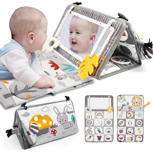 RoamReady Tummy Time Mirror for Babies 0-6 Months Newborn Infant Baby Sensory Toys Brain Development with Crinkle Cloth Book and Teething Toy for Boy Girl Gifts Baby Newborn Essentials