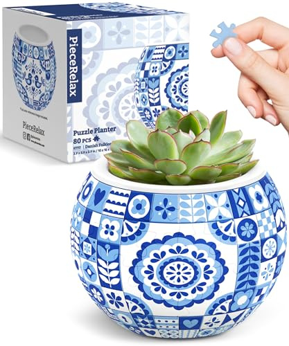 PieceRelax 3D Puzzle Planter - Danish Folklore Style - Small Round Plant Pots with Drainage, Home Decor Flower Pots for Indoor Cactus, Succulents Pots [K1117]