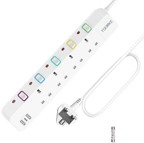 Toomke Extension Lead with USB C Slots, 4 Way 3 USB (2 USB-A and 1 USB-C) Plug Extension Lead with Individual Swithches, Mountable Power Extension Socket UK Plug 3 Meter Extension Cable 3250W