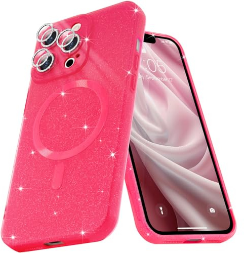 Micoden Custodia magnetica per iPhone 15 Pro Max Custodia glitterata compatibile con MagSafe Ricarica wireless Copertura protettiva antiurto per fotocamera Silicone morbido glitterato, rosso rosa