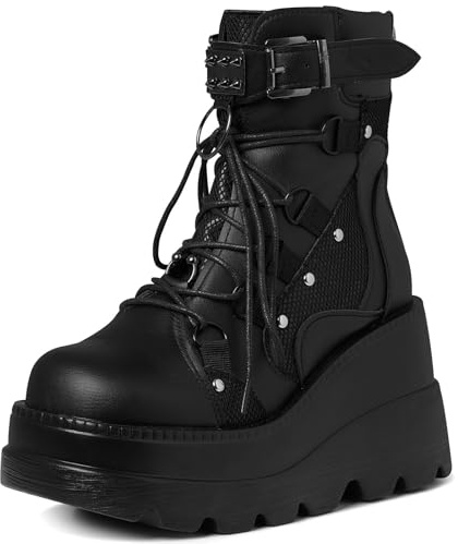 Meefit Women Goth platform Boots Wedge High Heel Lace Up Ankle Boots Round Toe Combat Booties Motorcycle Boot(1-black,US10)