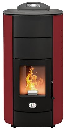 STUFE A PELLET ITALIA Manhattan 24 KW | Hydro-Pelletöfen für Heizung und Warmwasser 92% Effizienz Heizt 180m² Autonomie 22 Std Programmierbar 5 Geschwindigkeiten und Kräfte 24M Garantie Rot