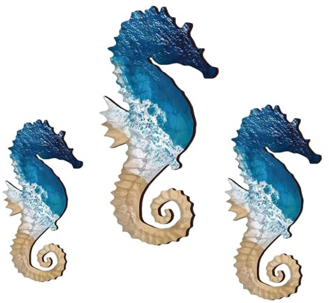 Xinhuju Seahorse Wall Ornament - 3pcs Sea Life Wall Art, Wooden Seahorse Coastal | Pattern Plaques Summer Beach Style Wall Sign Set, Farmhouse Decor for Garden Fence, Patio, Bathroom, Backyard