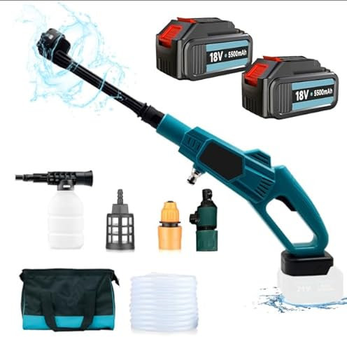 Akku-Hochdruckreiniger mit 3000mAh+3000mAh Akku, 720 PSI Hochdruckpistole mit Düse, Universal-Düse, Schaumpistole, 2 Druckstufen, 5M Schlauch Wasserfilter, 2 Batterien und Ladegerät