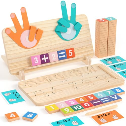 Montessori Learning Toys for Toddlers 2-4, Double-Sided Finger Counting & Number Tracing Board, Number Blocks,Solid Pine Wood Educational Math Toy for Kids Boys Girls Ages 3 4 5 Year Old Birthday Gift