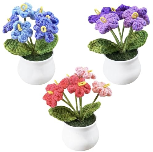 Magicherry 3 Stück gehäkelte Vergissmeinnicht Topfpflanzen, kleine künstliche Myosotis-Blume, handgefertigte Strickblume für Auto, Armaturenbrett, Büro, Heimdekoration, Farbverlauf, lila + blau + rosa