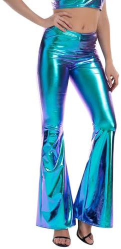 SRZYMJ Metallic Damen Leggins Silber Leggins Metallic Glänzende Hose 80er mit Hoher Taille Shiny Leggings Party Tanz Disco Kostüm Karneval Silber Goldene Leggins Space Kostüm Metallischer Hosen