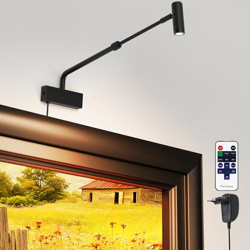 HURYEE Rückziehbare 2700K LED-Spotlight Innen LED Bilderleuchte Plug-in, 180°drehbares Bildbeleuchtung mit Fernbedienung, Dimmbares Bildlicht mit Ein/Aus-Schalter für Wandkunstpräsentation, Schwarz
