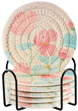 Blue Pink Flowers in Summer Absorbant Coasters Set with Holder 6 Pack Cup Coasters for Table House Bar Accessories