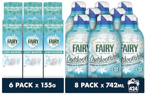 Fairy Non Bio Value Pack, Outdoorable Fabric Conditioner 424 Washes (8x53), Ultra Concentrated Formula For Sensitive Skin, & In-Wash Scent Booster 6 packs x155g