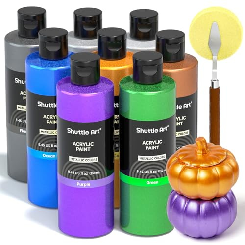 Shuttle Art Metallic Acrylfarben Set, 8 Metallic Acryl Farben in Flaschen(je 250ml, 8,45oz), Glitzer Acrylfarbe für Kinder, Erwachsene zum Basteln, Malen, Dotting auf Leinwand, Holz, Stein