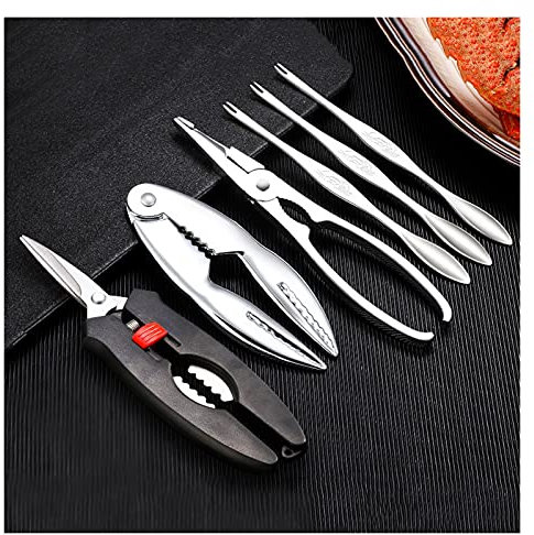 WDSOPK Krabbenknacker 6-Teiliges Meeresfrüchte-Werkzeugset Aus Metall, Einschließlich 3 Gabeln, 2 Meeresfrüchteknackern Und 1 Meeresfrüchteschere. Bequeme Und Praktische Werkzeu