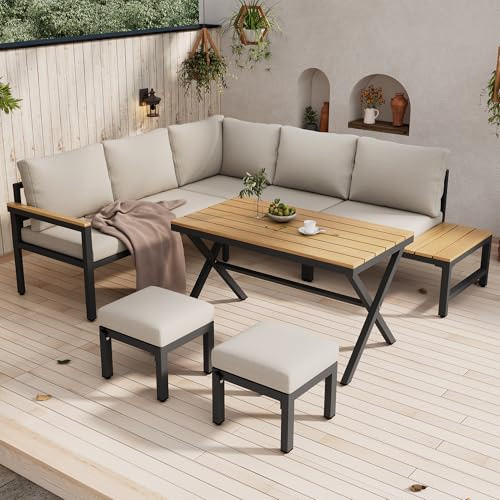 Merax Gartenmöbel Set, Loungemöbel mit Ecksofa, 2 Hocker & Esstisch, Kunststoff-Holz-Tischplatte, Verzinkter Stahl, Grau, Für Garten & Terrasse