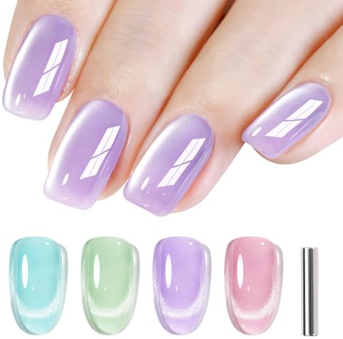 Shining She UV Nagellack Magnet, 4 Farben Frühling Sommer Kristalle Jelly Pastell Cat Eye UV Gel Nagellack, Rosa Lila Blau Grün Makaron Gel Nail Polish Set Soak-Off UV Lack für Maniküre Salon, 8ML
