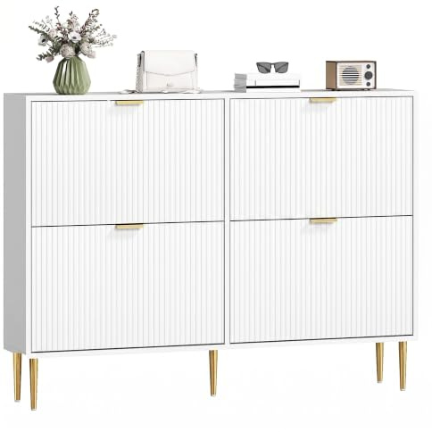 HOMCOM Narrow Shoe Cabinet with 4 Flip Drawers, 10-20 Pairs, White | Space Saving Modern Slim Shoe Storage Cabinet, Fluted Doors, Adjustable Shelves, Tight Hallway