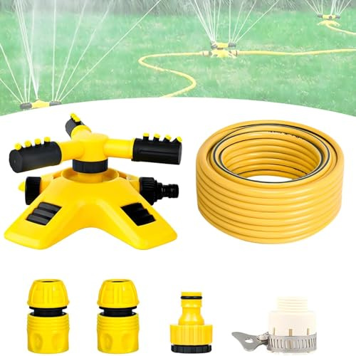 Sprinklers For Lawns-Upgraded 360° Automatic Rotating Garden Sprinkler|3Arm Large Area Oscillating Garden Sprinkler With Hose Attachment|Automatic Watering System For Grass (Yellow, 0.52 in Set(15m))