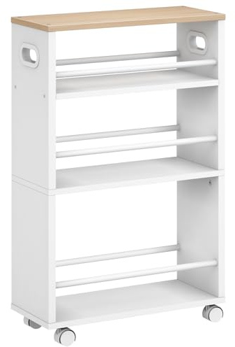 HOOBRO Carro de Servicio, Carro de Cocina con 4 Estantes y Asas, Ahorro de Espacio, Carro con Ruedas Bloqueables y Barras en Las Repisas, Fácil Montaje, Blanco y Madera Natural EWN22TC01