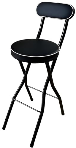 Sgabello da Bar Pieghevole con Schienale, Portatile Bancone Sedia Pieghevole con Cuscino in Pelle for Isola Cucina Giardino Balcone(Zwart,60cm/24in)