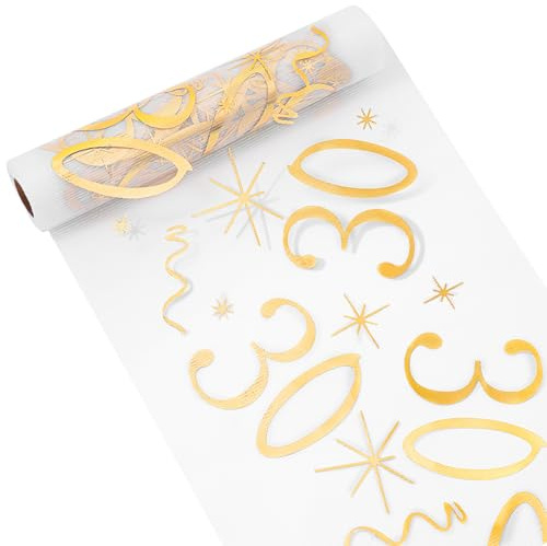 OSDUE 30th Birthday Table Runner, 28cmX10m Gold Thin Mesh Runner Roll, 30 Years Old Party Decorations, Table Cover for Birthday Anniversary Celebration Party