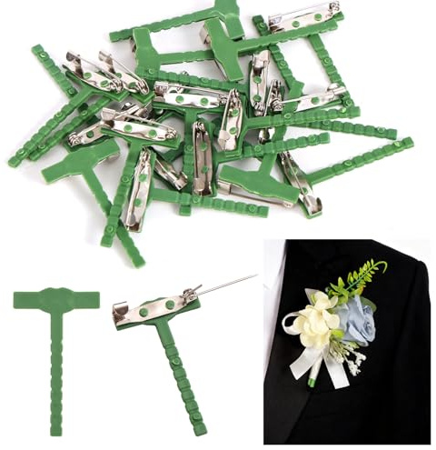 20pcs Boutonniere Safety Pins, T-Shaped Corsage Buttonhole Pins Tiny Green Plastic Boutonniere Clips Corsage Supplies for Bridegroom Wedding Accessory
